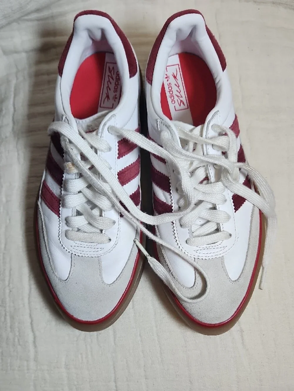 adidas Women's White Sneakers with Burgundy Stripes